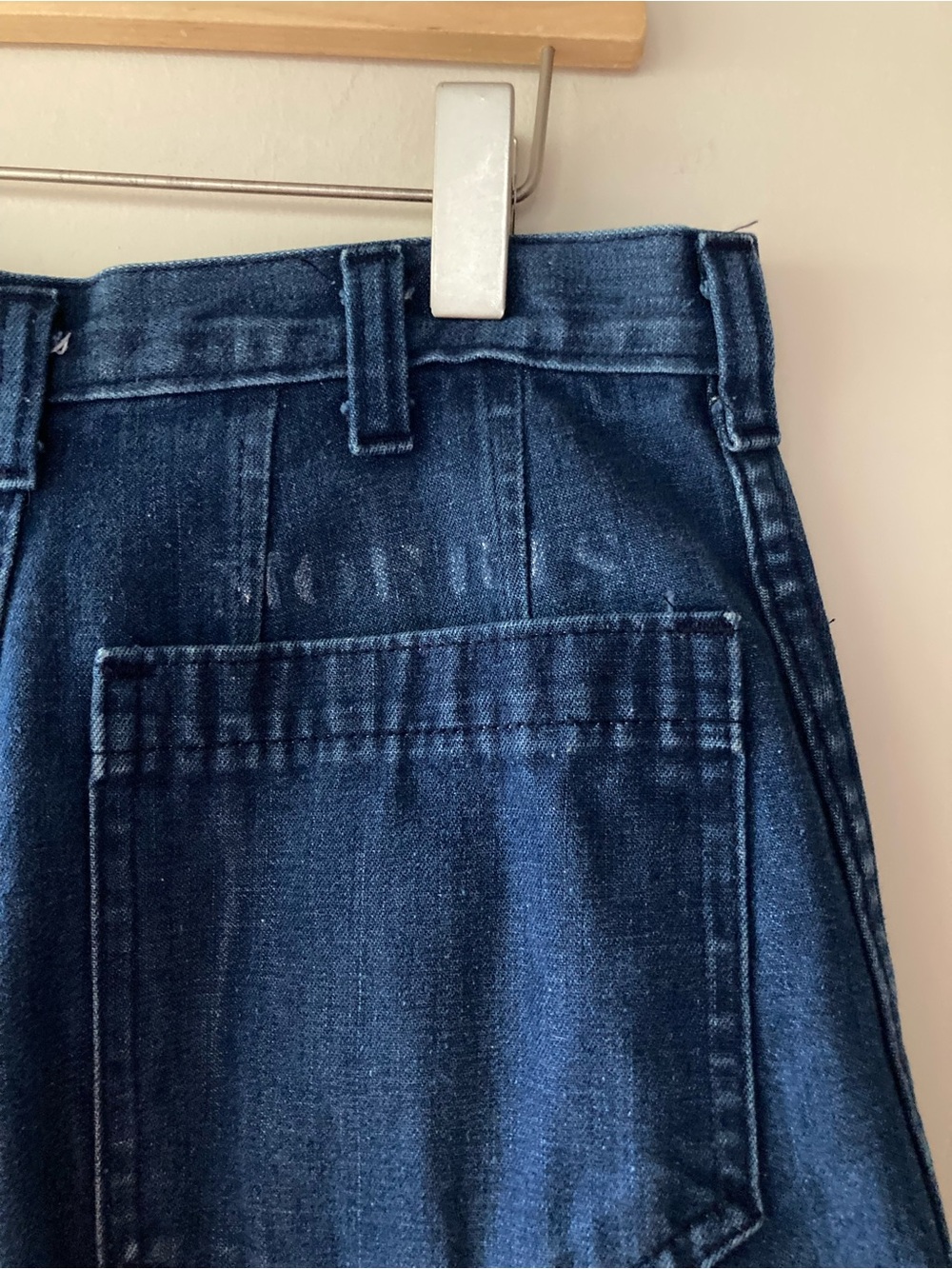 1970s Reworked Navdungarees Denim Skirt, Stenciled Name, 27” waist
